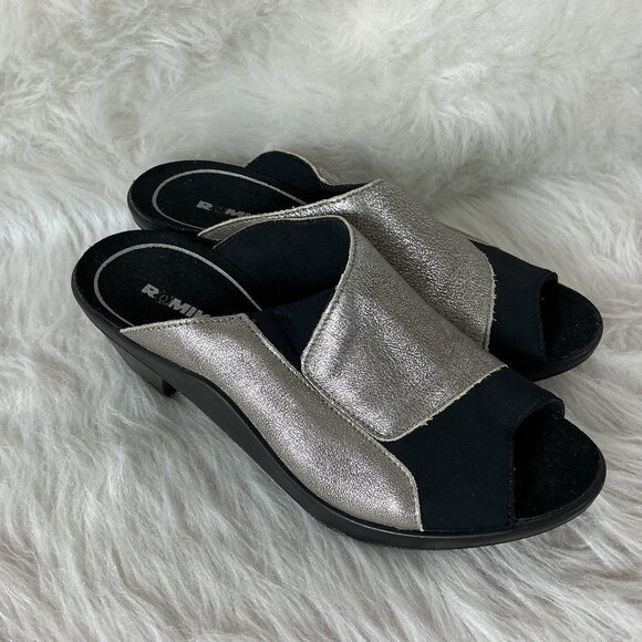 Romika Mokassetta 244 Metallic Silver & Black Peep Toe Mule Sandals 38 US 7-7/5 - Picture 1 of 7